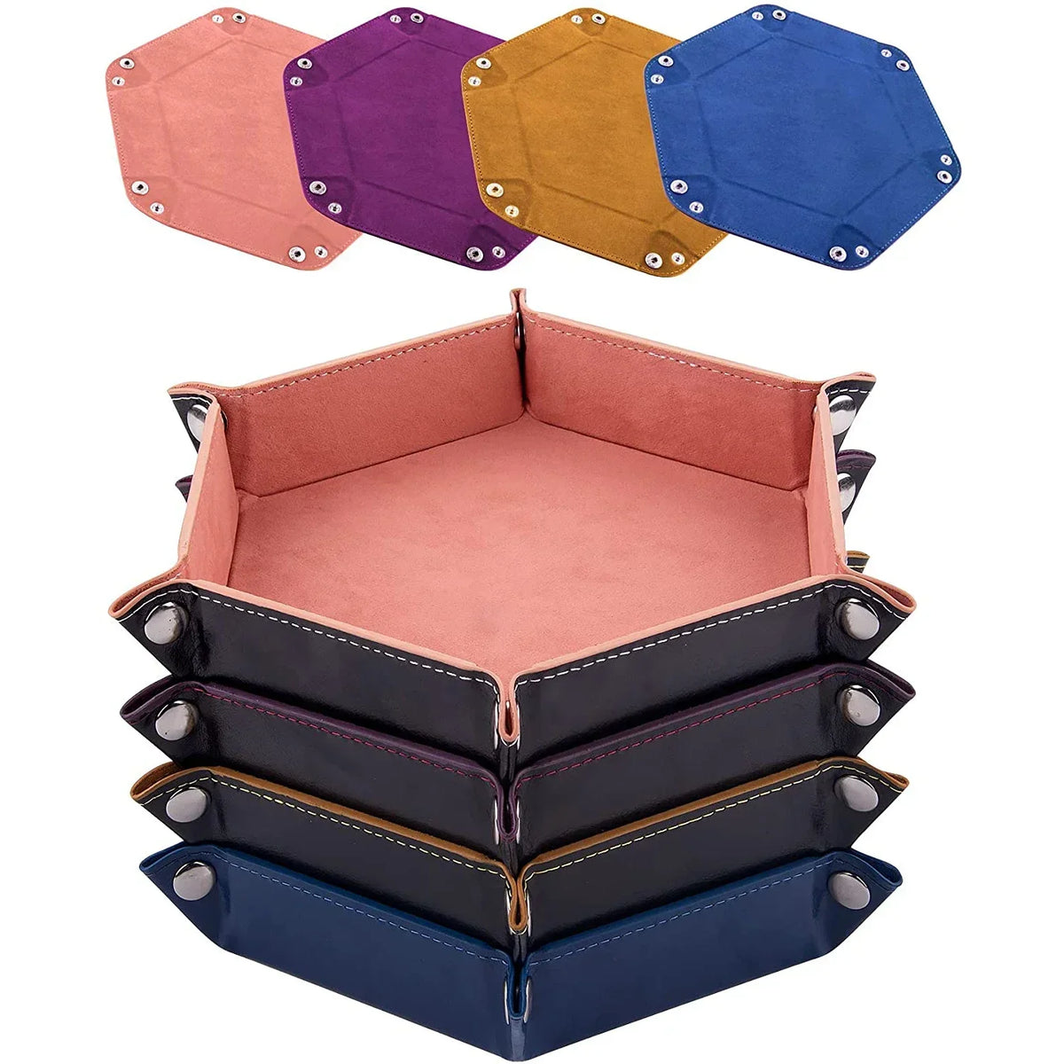 A set of hexagonal folding PU leather dice trays in various colors including pink, purple, gold, and blue.