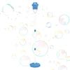 An automatic outdoor bubble machine with lights and music is shown, surrounded by floating soap bubbles.