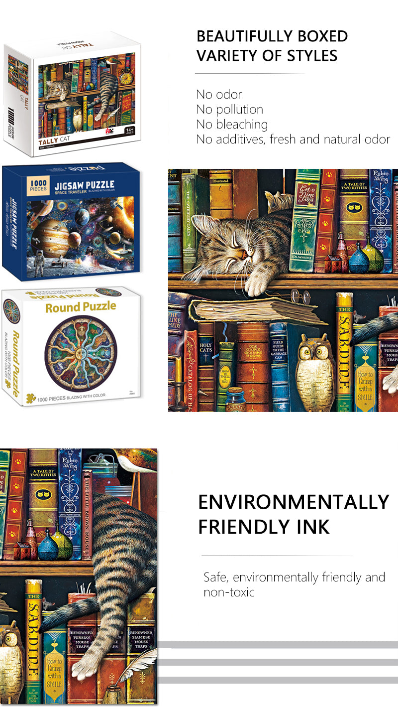 A beautifully boxed variety of styles featuring a 1000-piece jigsaw puzzle titled The Tally Cat.