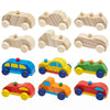 A set of unfinished wooden race cars in various colors and styles for kids' craft activities.