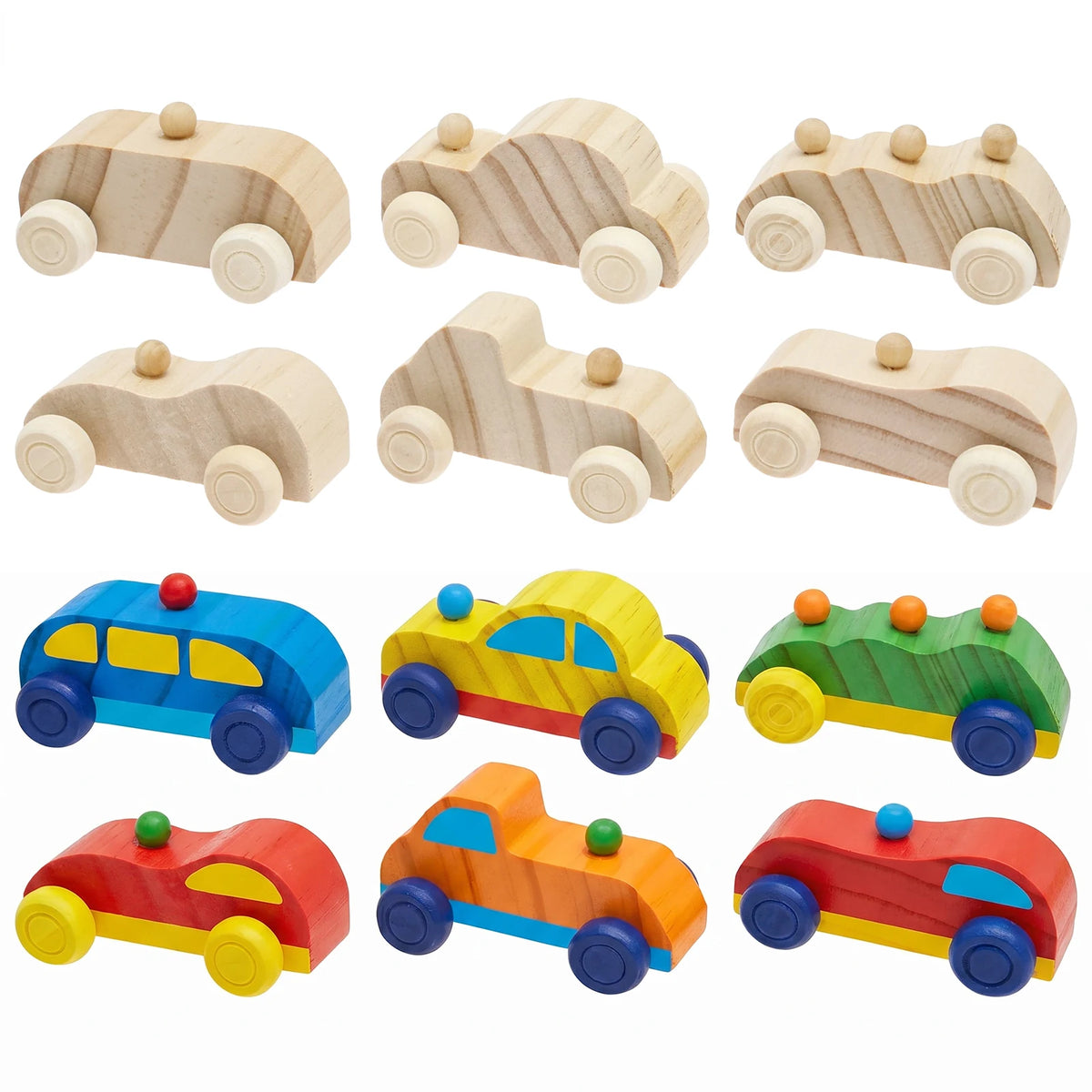 A set of unfinished wooden race cars in various colors and styles for kids' craft activities.