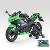 A 1:12 scale Ninja motorcycle diecast model with lights and sound in green and black.