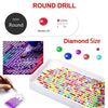 Diamond painting kit showing various colored gems and a round drill tool for creating designs