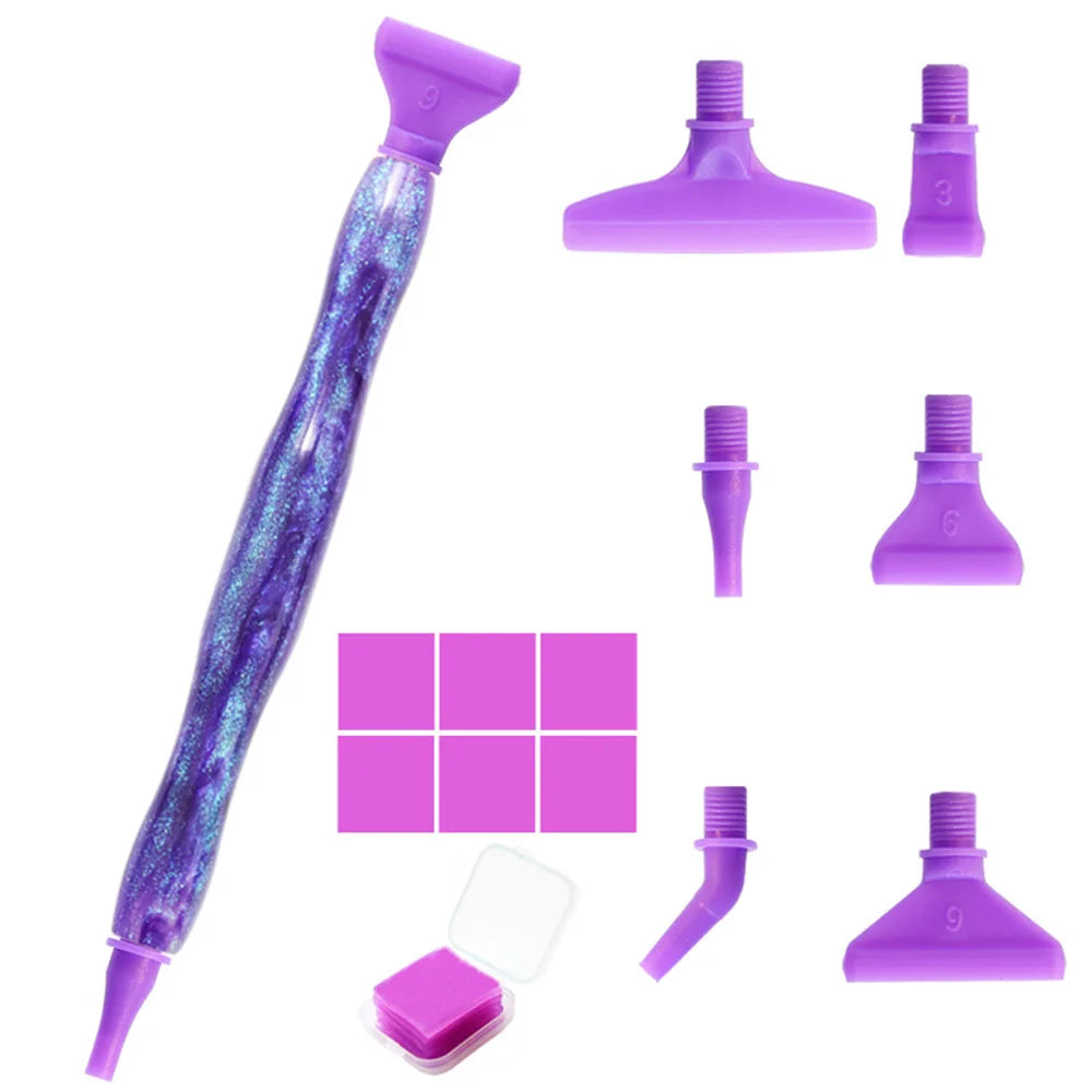 A set of purple resin diamond painting pens with interchangeable metal tips and multi-placers.