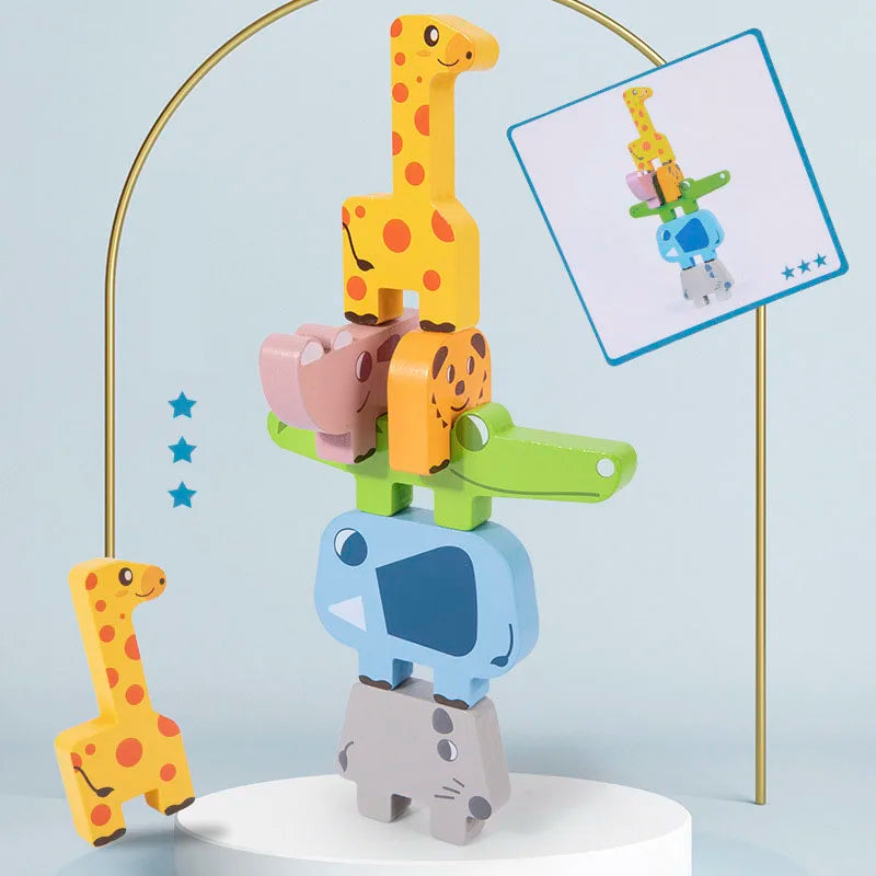 A wooden giraffe stacking block is shown next to shape matching cards on a light blue background.
