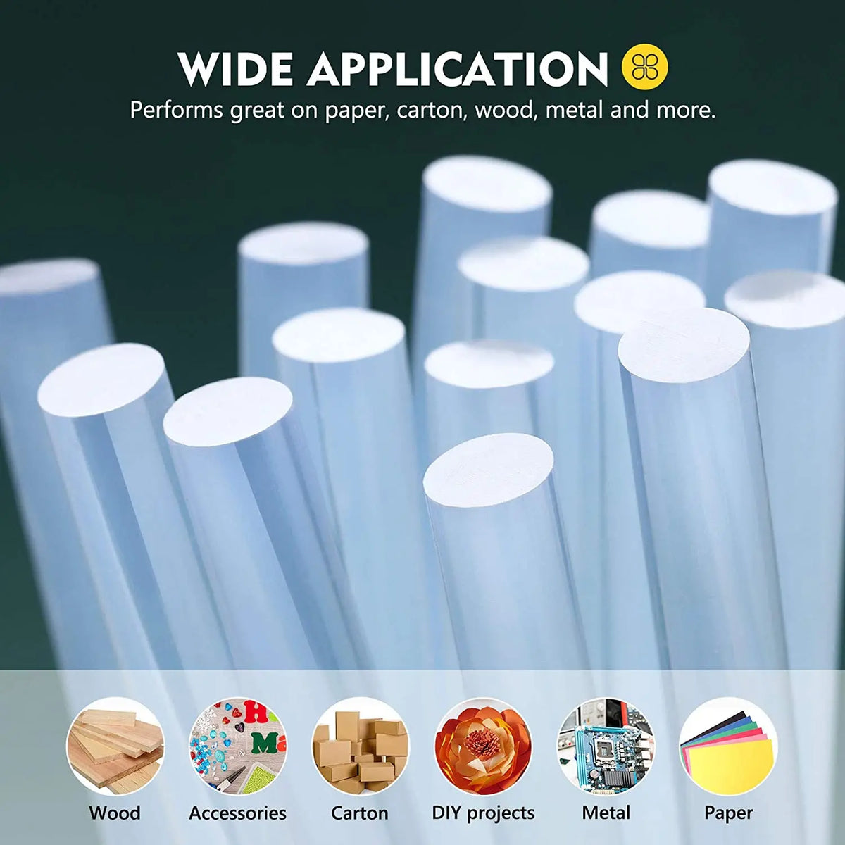 A collection of clear hot glue sticks shown alongside various materials like wood, metal, paper, and carton for diverse appli