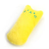 A bright yellow interactive catnip plush toy shaped like a kitten with blue eyes.