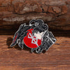A silver enamel lapel pin featuring a stylized demonic face and a red circle with Japanese characters on a black background.