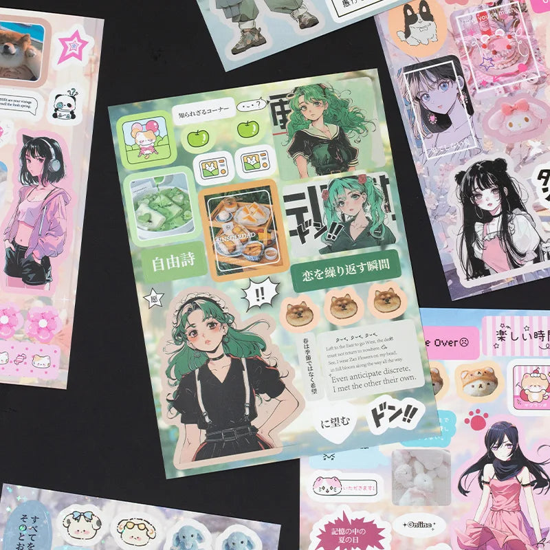 A collection of decorative cut film stickers featuring anime-style characters and themes for scrapbooking