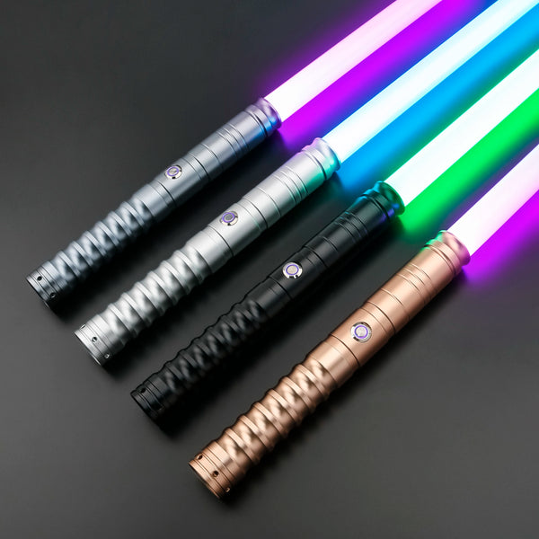 Three neon RGB lightsabers with glowing blue, green, and purple blades resting on a dark surface.