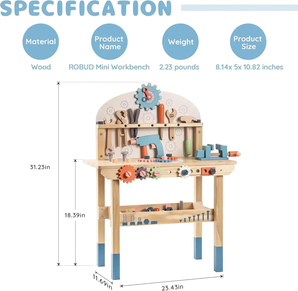 A wooden mini workbench with various tools and components is shown, measuring 31.23 inches in height.