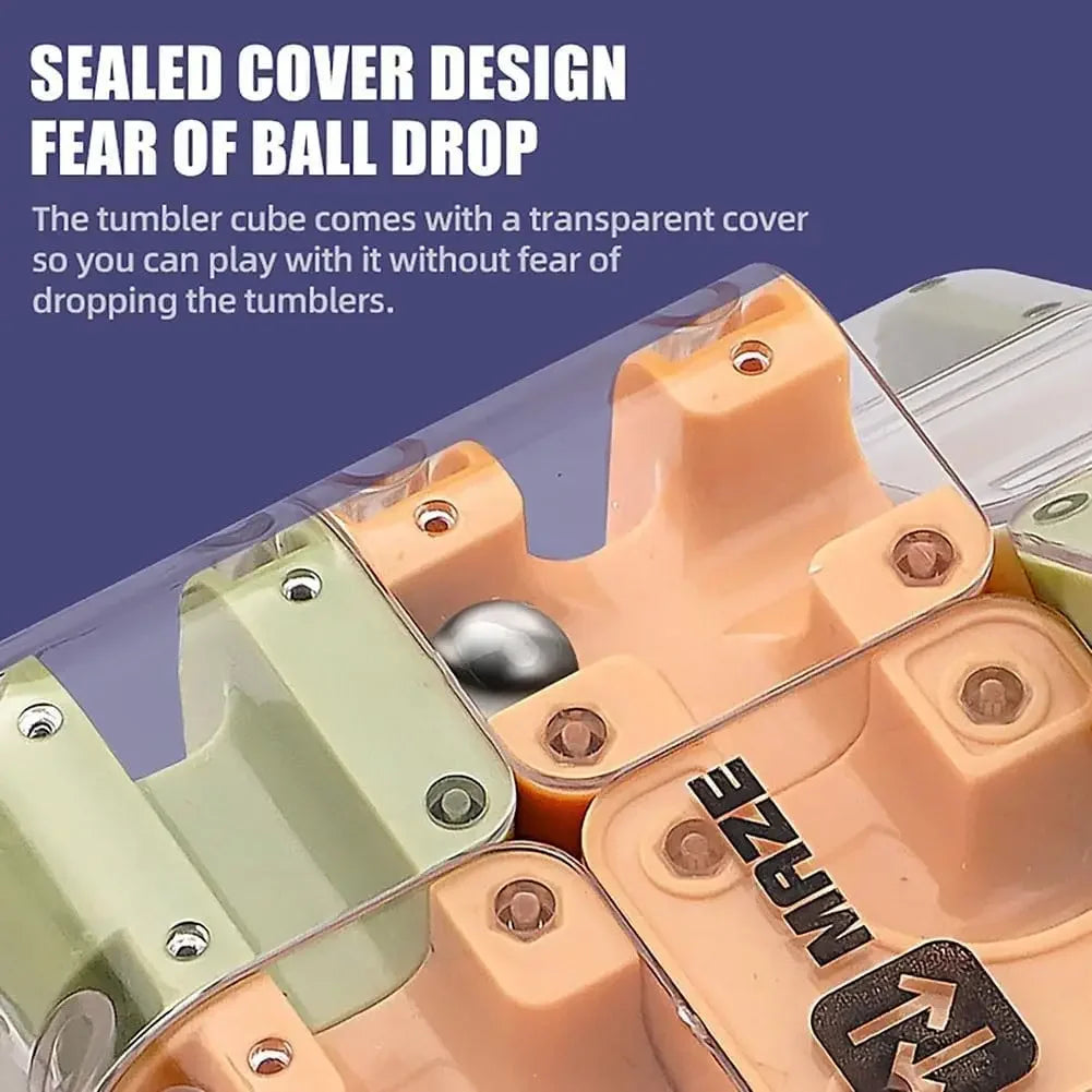 A transparent cover shows a puzzle ball with maze-shaped tumblers and a rolling ball.