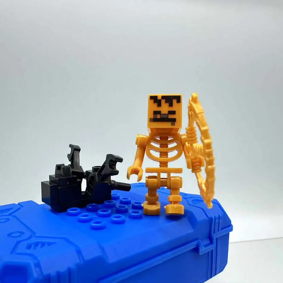 A Minecraft Steve figure set featuring a yellow and black block character standing on a blue base.