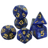 A set of blue polyhedral dice showing various numbers and cosmic effects.