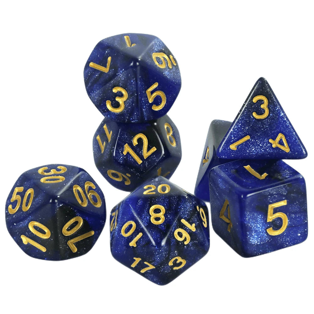 A set of blue polyhedral dice showing various numbers and cosmic effects.
