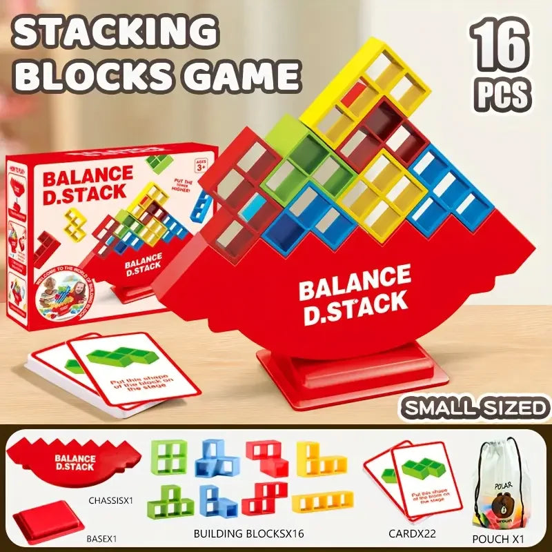 A set of 16 stacking blocks in red, green, and yellow for a balance game.