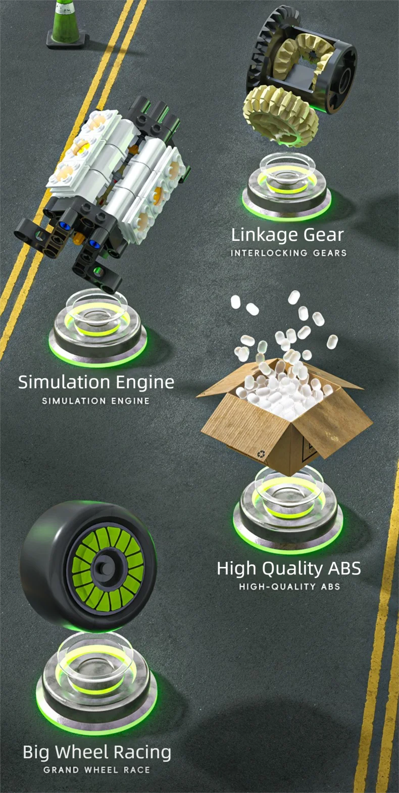 A set of components for a 1:8 scale formula racing car, including linkage gears, a simulation engine, and high-quality ABS pa