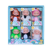 A box containing six realistic mini reborn baby dolls with various outfits and accessories.