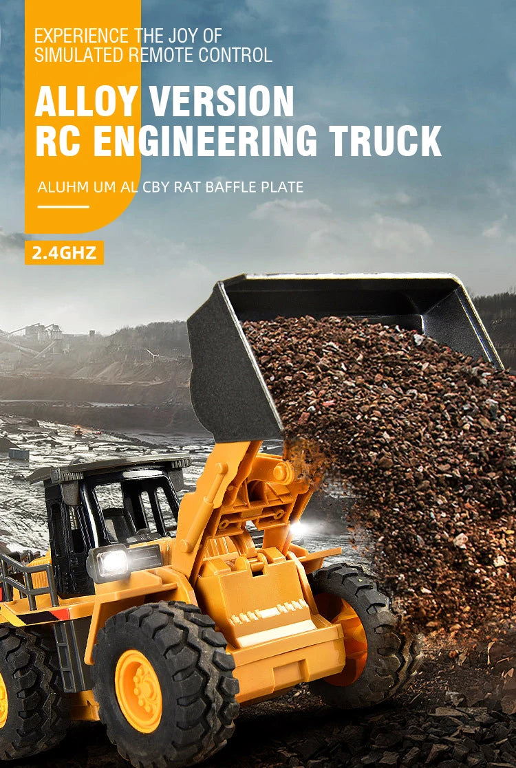 A yellow alloy version RC engineering truck is shown loading a black plastic barrel with gravel.