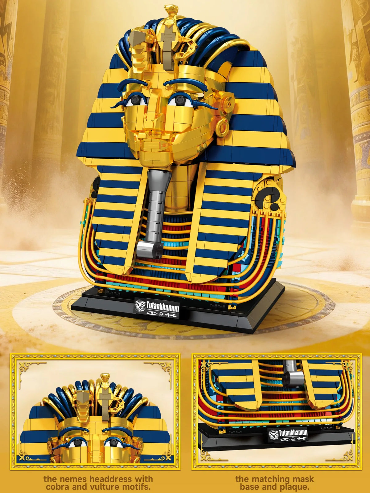 Egyptian Pharaoh Golden Mask Building Blocks Set featuring a golden mask with blue and yellow striped headwear