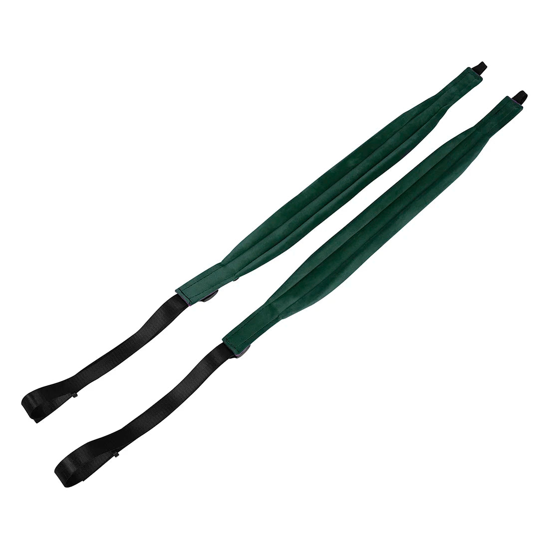 Two dark green professional adjustable accordion straps laid diagonally.