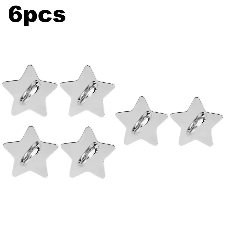 Six silver star-shaped phone charm hooks with adhesive backing