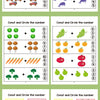 Preschool math workbooks showing number tracing, counting, and basic addition/subtraction exercises for children.