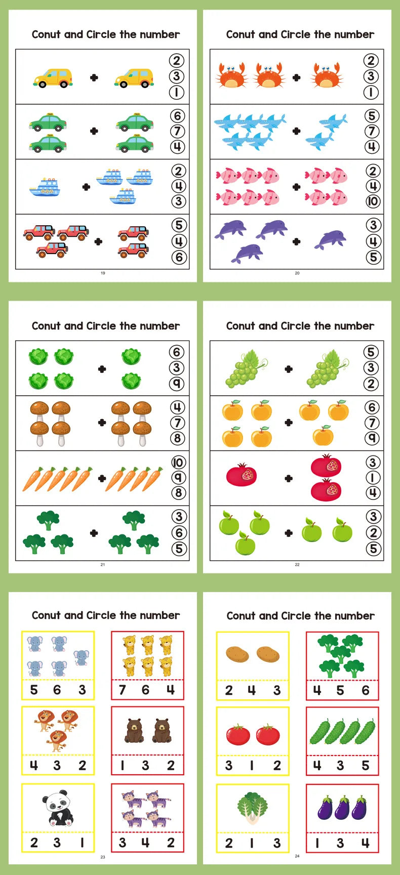 Preschool math workbooks showing number tracing, counting, and basic addition/subtraction exercises for children.