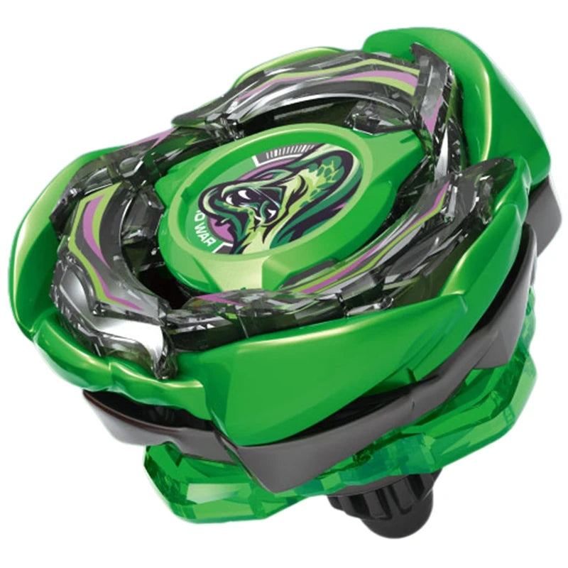Jouet toupie vert et argenté avec un design en métal et plastique superposé.