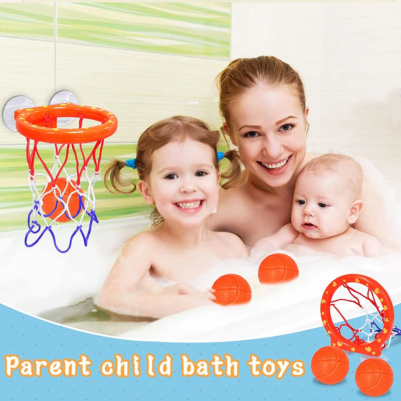 A mother and child are shown using a parent child bath toy basketball hoop set with three orange balls in a bathtub.