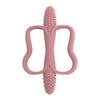 A pink silicone teether with an easy-grip handle for babies, featuring textured ends.
