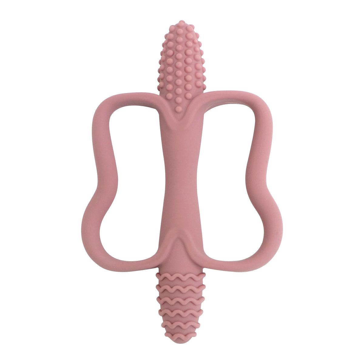 A pink silicone teether with an easy-grip handle for babies, featuring textured ends.