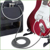 A red electric guitar is shown with a professional instrument cable connected to it.