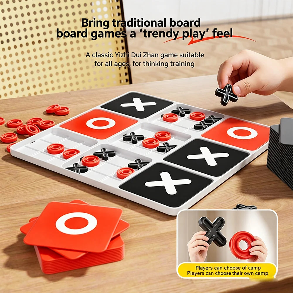 A white Tic Tac Toe board game with red and black pieces and corresponding cards shown on a wooden table.