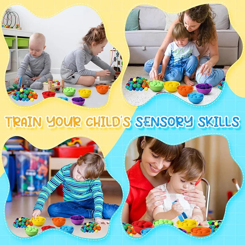 A colorful sensory set featuring rainbow pom-poms for toddlers to practice counting and sorting skills.