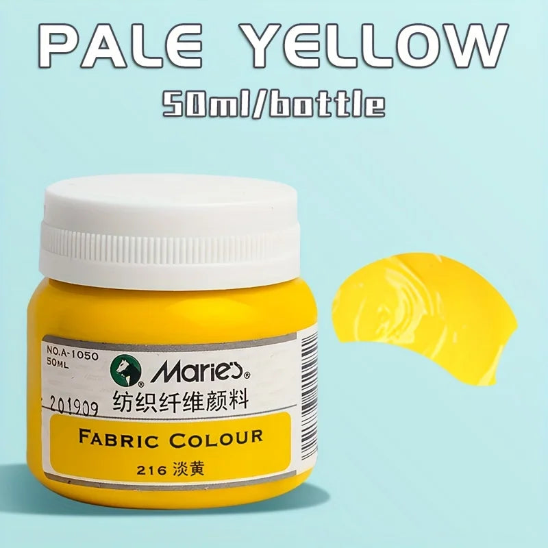 A bottle of pale yellow fabric colour paint labeled Marie's 50ml bottle with a yellow swatch next to it.