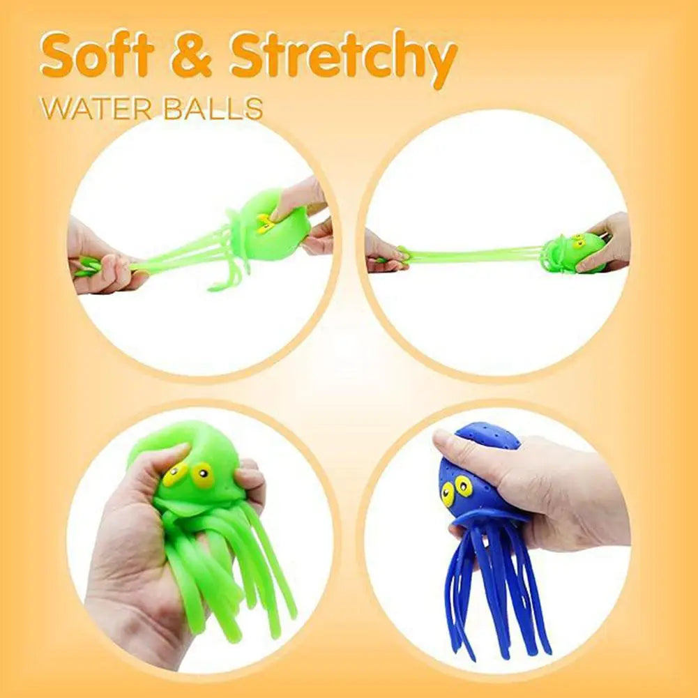 Soft and stretchy water balls shaped like octopuses used as bath toys for toddlers