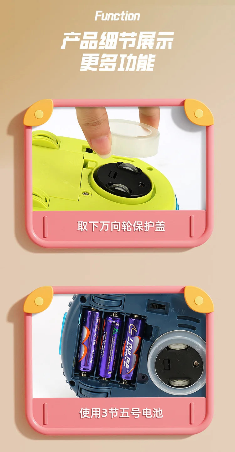 Vue rapprochée d'une voiture DJ interactive pour enfants, montrant un compartiment pour les piles et les lumières musicales.
