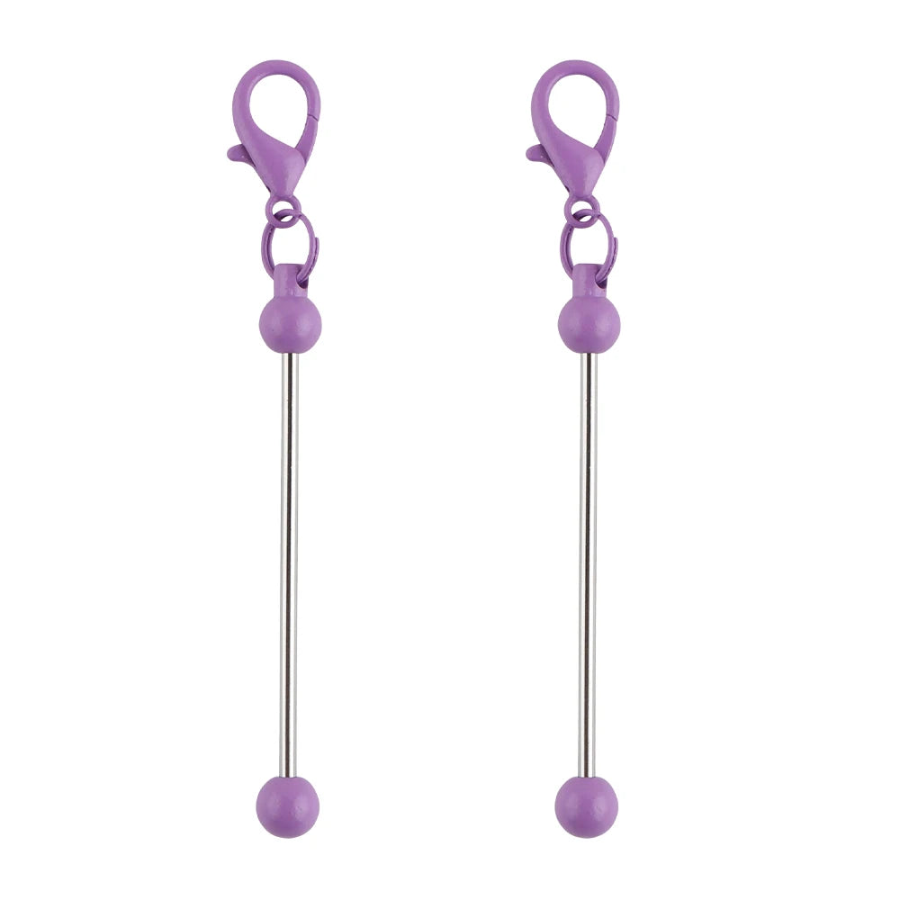 A pair of silver metal keychain bars with purple lobster clasps for DIY jewelry making.