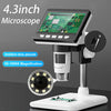 A portable digital microscope with a 4.3-inch IPS screen and magnification optics is shown on a white base.