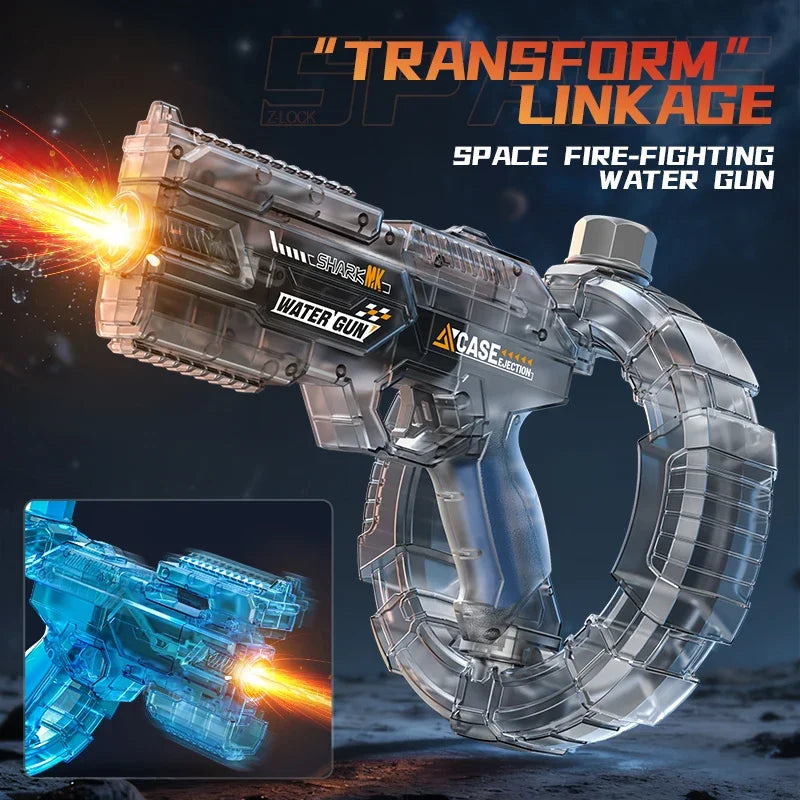 A silver water gun is shown firing a stream of water, with an inset image of the blue version.