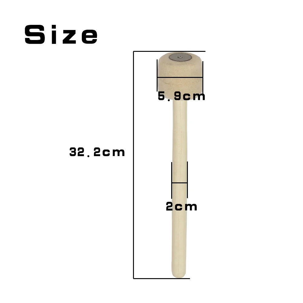 Diagram showing the size of a professional wool felt bass drum mallet, including its length and handle dimensions.