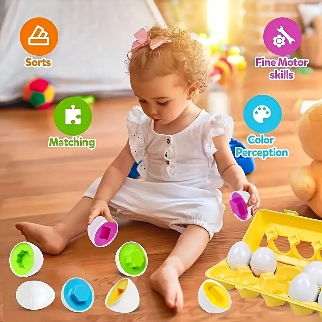 A toddler is sorting colorful plastic shapes into a yellow tray, demonstrating fine motor skills and color perception.