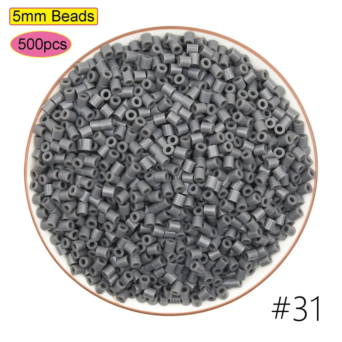 A pile of 5mm gray beads, labeled #31, for a creative fuse beads craft kit.