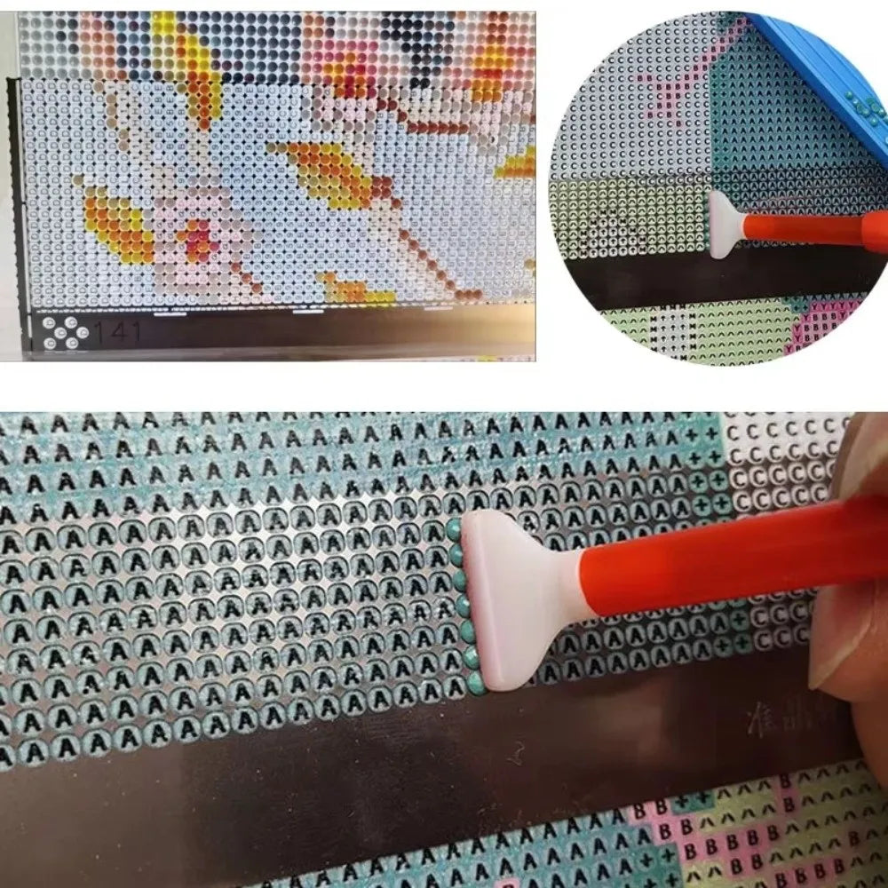 A close-up of a stainless steel cross ruler being used to guide stitches on a diamond painting canvas.