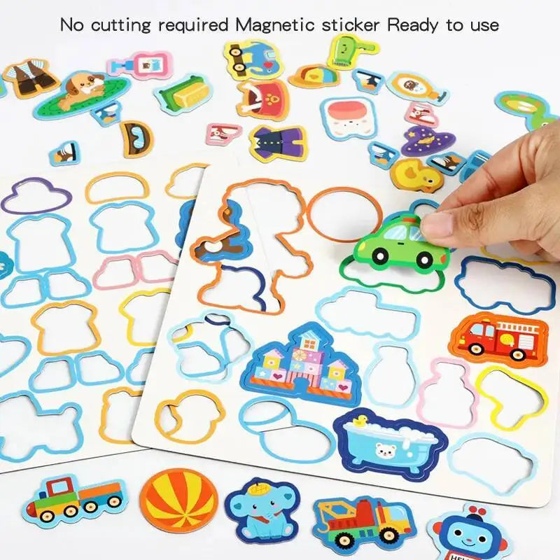 A white magnetic sticker book showing various shapes and objects ready to be used for quiet play
