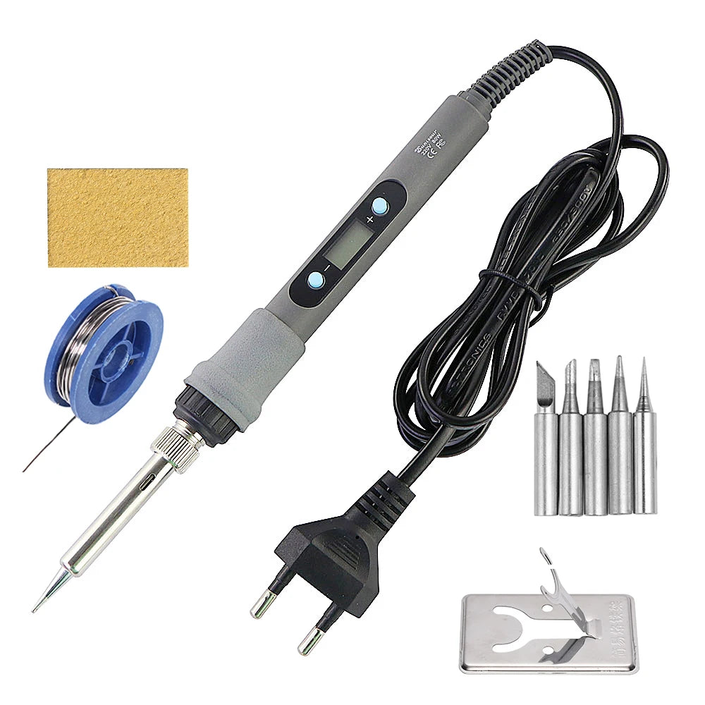 Precision soldering iron with digital display and adjustable temperature featuring a long cable and tip.