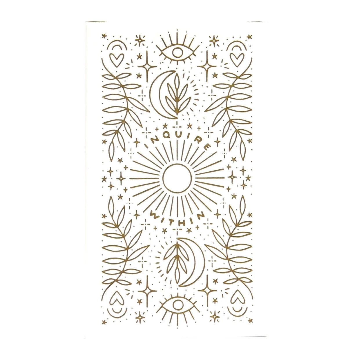 A vertical illustration featuring hand-drawn line art designs including suns, eyes, leaves, and hearts for oracle cards.