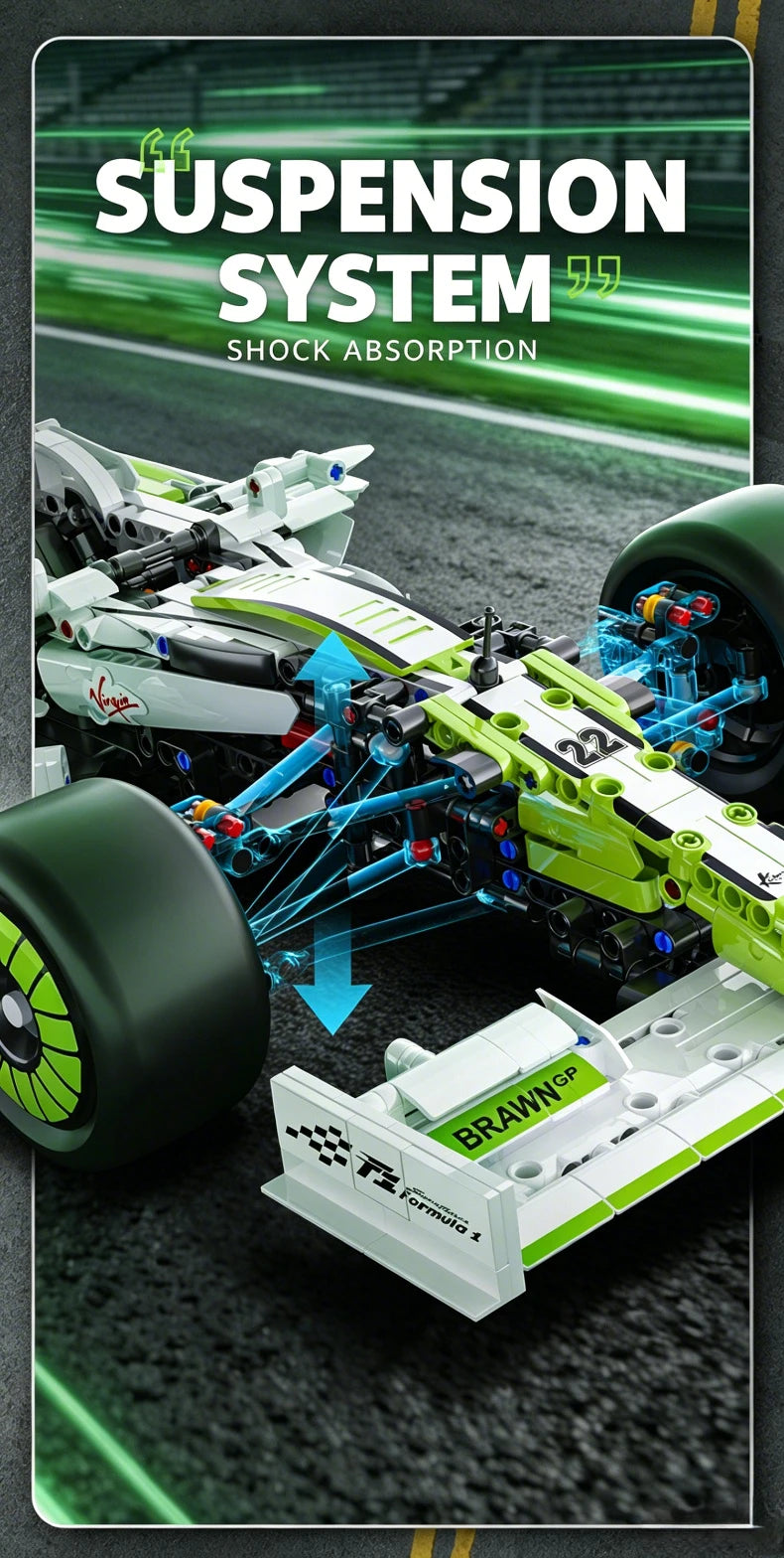 A detailed model of a Formula 1 racing car suspension system with shock absorption components and wheels.
