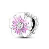 A silver heart charm bead featuring a pink zircon flower design.